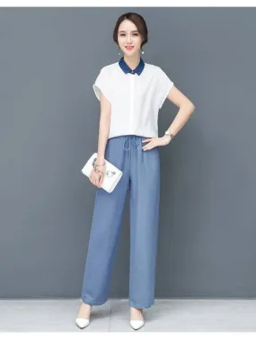 Summer Straight Denim Pants Women Wide Leg High Waist Plus Size Drape Loose Ice Silk Casual Long Pants