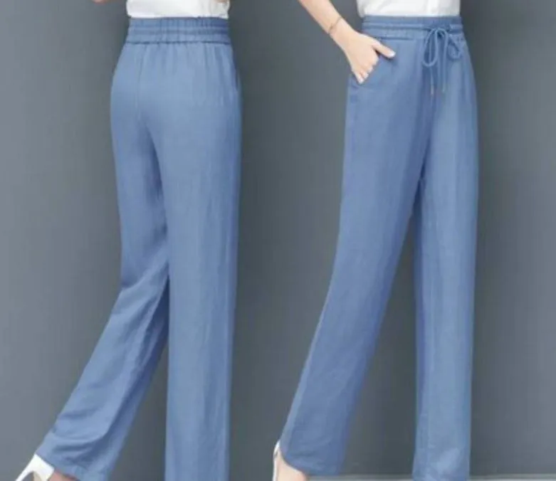 Summer Straight Denim Pants Women Wide Leg High Waist Plus Size Drape Loose Ice Silk Casual Long Pants