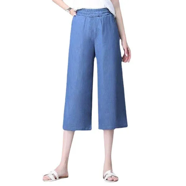 Summer Straight Denim Pants Women Wide Leg High Waist Plus Size Drape Loose Ice Silk Casual Long Pants