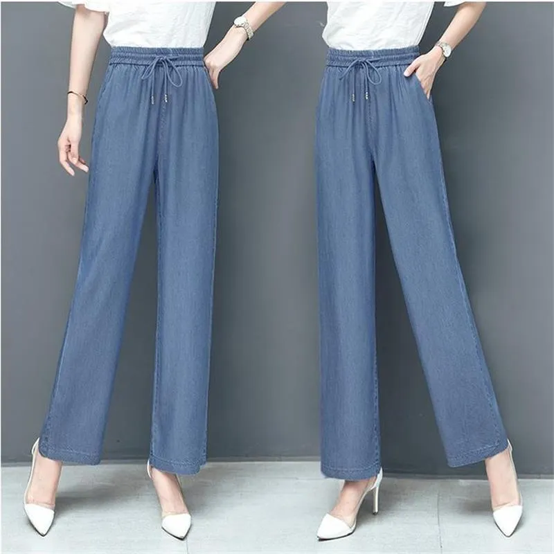 Summer Straight Denim Pants Women Wide Leg High Waist Plus Size Drape Loose Ice Silk Casual Long Pants