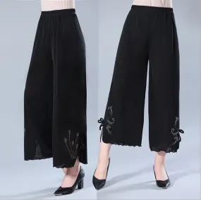 Summer Thin Mom Ice Silk Ankle-Length Pants Women Wide Leg Plus Size High Waist Casual Culottes