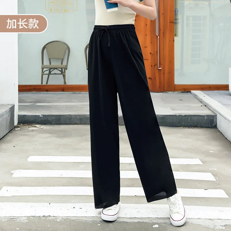 Summer Wide Leg Culottes Korean High Waist Loose Thin Ice Silk Drape Straight Casual Women Pants