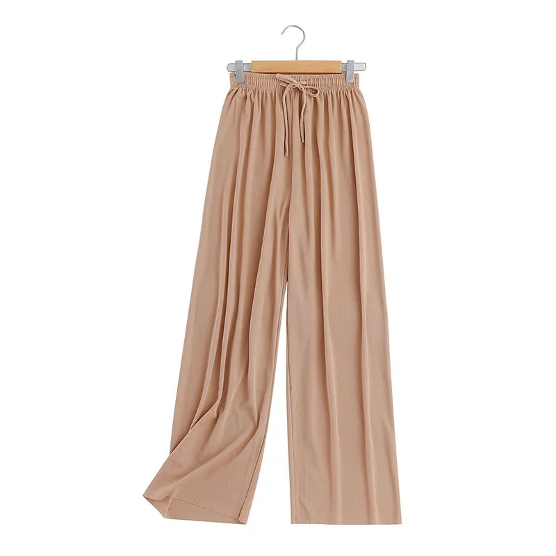 Summer Wide Leg Culottes Korean High Waist Loose Thin Ice Silk Drape Straight Casual Women Pants