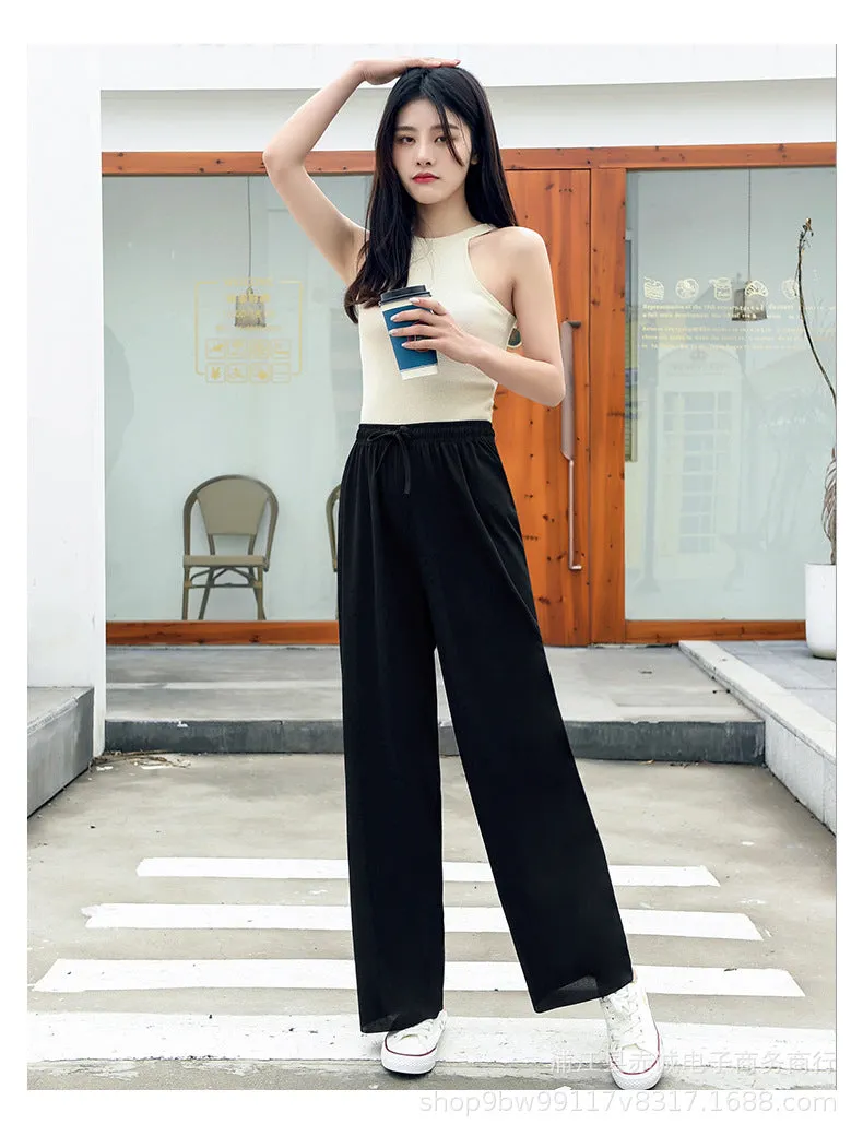 Summer Wide Leg Culottes Korean High Waist Loose Thin Ice Silk Drape Straight Casual Women Pants