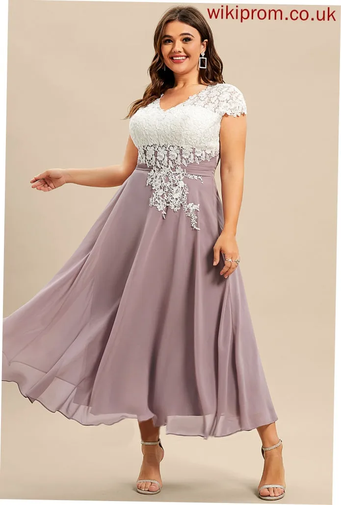 Tea-Length Mother of the Bride Dresses A-Line of Abigail Mother V-neck Lace Chiffon Dress Bride the