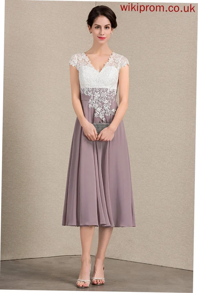 Tea-Length Mother of the Bride Dresses A-Line of Abigail Mother V-neck Lace Chiffon Dress Bride the