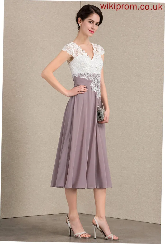 Tea-Length Mother of the Bride Dresses A-Line of Abigail Mother V-neck Lace Chiffon Dress Bride the