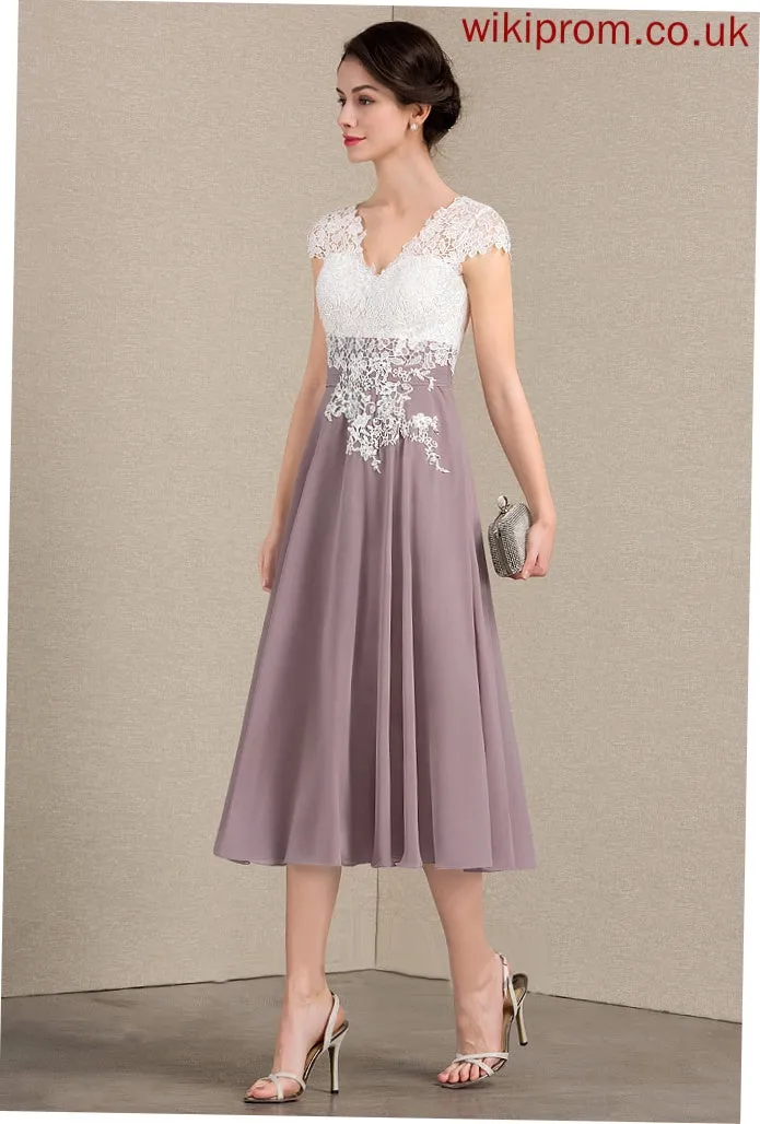 Tea-Length Mother of the Bride Dresses A-Line of Abigail Mother V-neck Lace Chiffon Dress Bride the