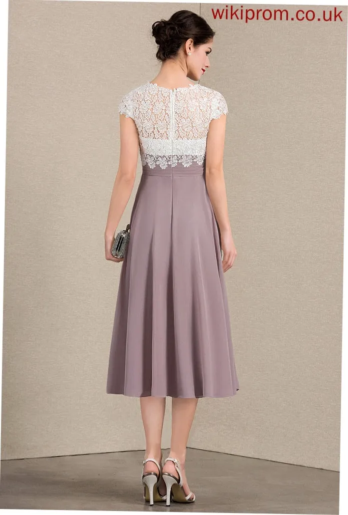 Tea-Length Mother of the Bride Dresses A-Line of Abigail Mother V-neck Lace Chiffon Dress Bride the