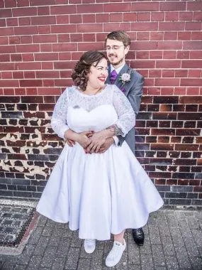 Tea Length Plus Size Wedding Dress with 3/4 Sleeves, 1950s Vintage Gown,20111553