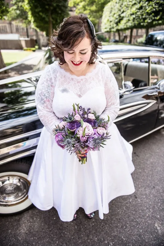 Tea Length Plus Size Wedding Dress with 3/4 Sleeves, 1950s Vintage Gown,20111553