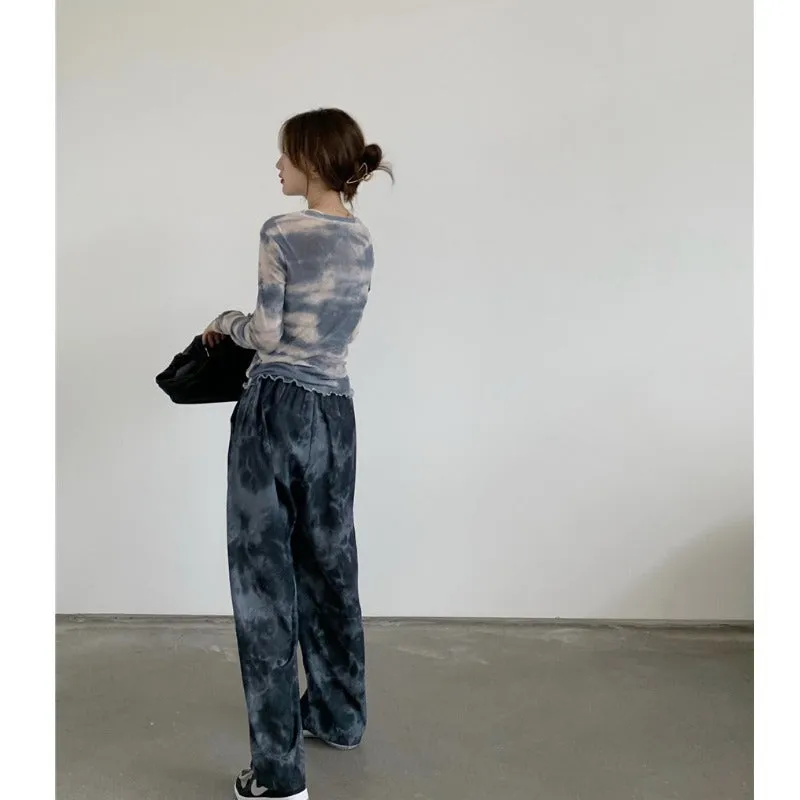 Trendy Dye Casual Summer Women Loose Wide Leg Long High Waist Straight Pants