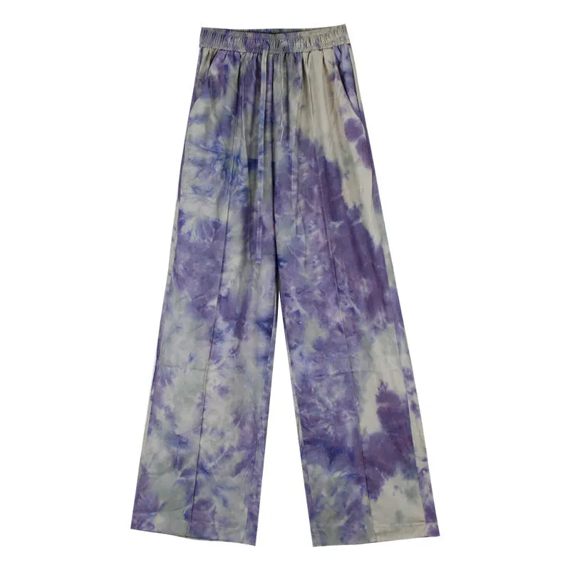 Trendy Dye Casual Summer Women Loose Wide Leg Long High Waist Straight Pants