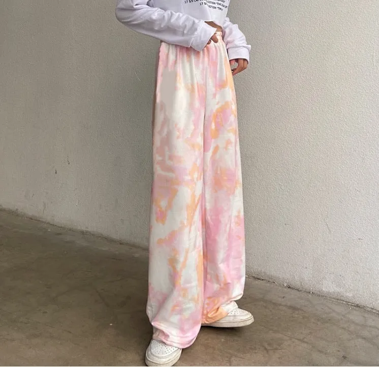 Trendy Dye Casual Summer Women Loose Wide Leg Long High Waist Straight Pants