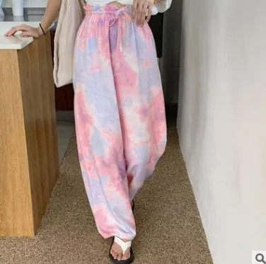 Trendy Dye Casual Summer Women Loose Wide Leg Long High Waist Straight Pants