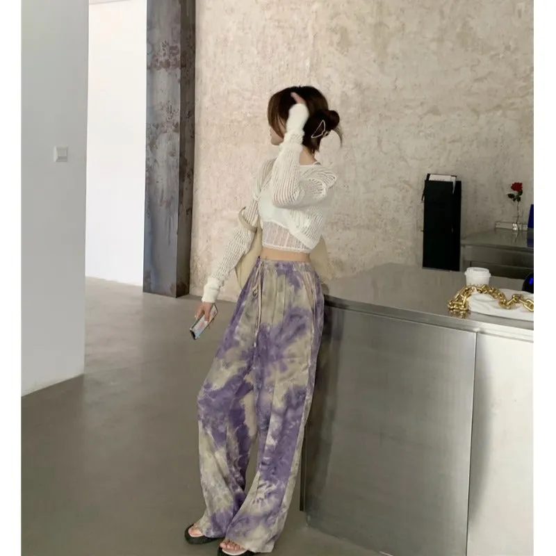 Trendy Dye Casual Summer Women Loose Wide Leg Long High Waist Straight Pants