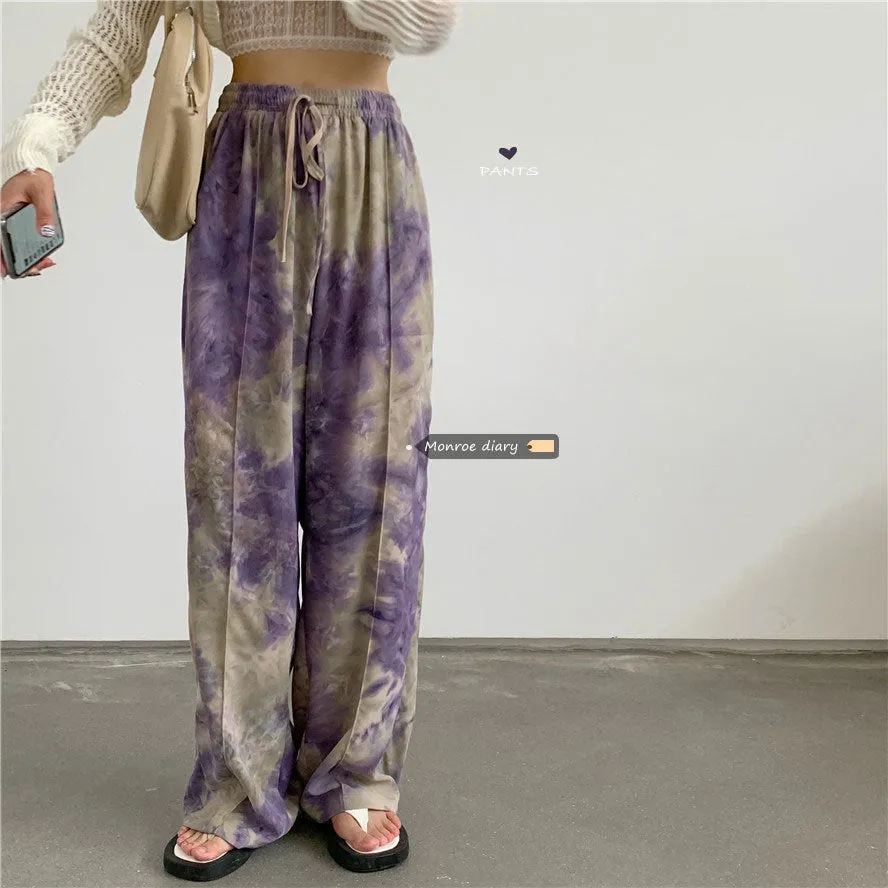 Trendy Dye Casual Summer Women Loose Wide Leg Long High Waist Straight Pants