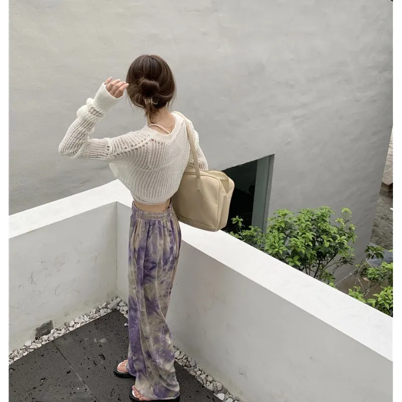 Trendy Dye Casual Summer Women Loose Wide Leg Long High Waist Straight Pants