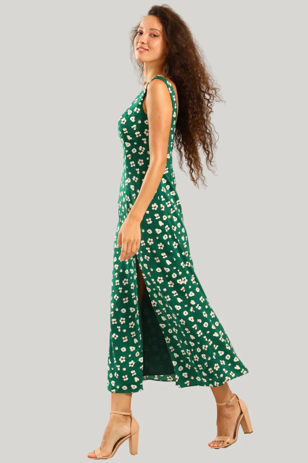 V Neck Floral Green Tea Length Dress with Slit