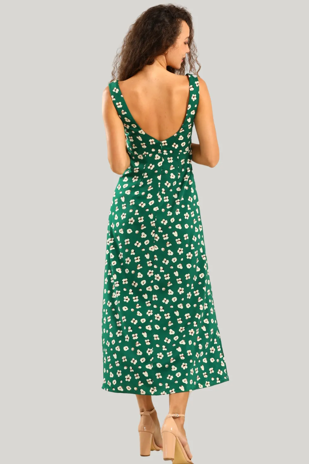 V Neck Floral Green Tea Length Dress with Slit