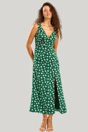 V Neck Floral Green Tea Length Dress with Slit