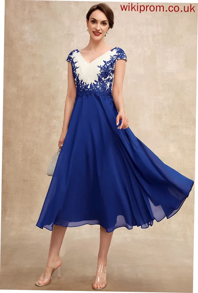 V-neck Tea-Length of the Ruffle Lace A-Line Bride Mother Maribel Dress Mother of the Bride Dresses Chiffon With