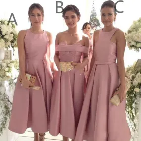 Vintage Dusty Pink Mismatched Tea Midi Length Bridesmaid Dresses Fall