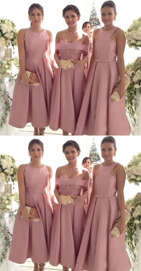 Vintage Dusty Pink Mismatched Tea Midi Length Bridesmaid Dresses Fall