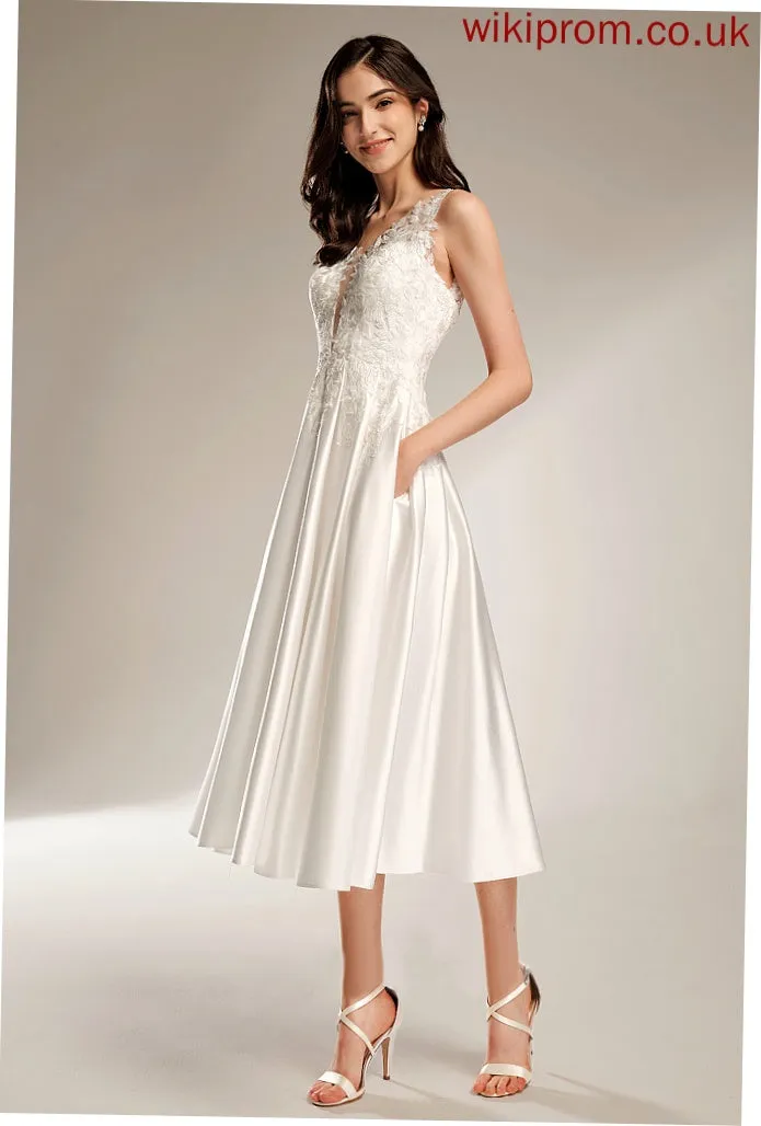 Wedding Lace Elianna Wedding Dresses Satin Dress V-neck Tea-Length A-Line