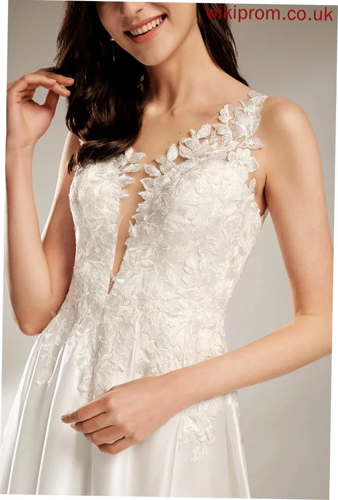 Wedding Lace Elianna Wedding Dresses Satin Dress V-neck Tea-Length A-Line