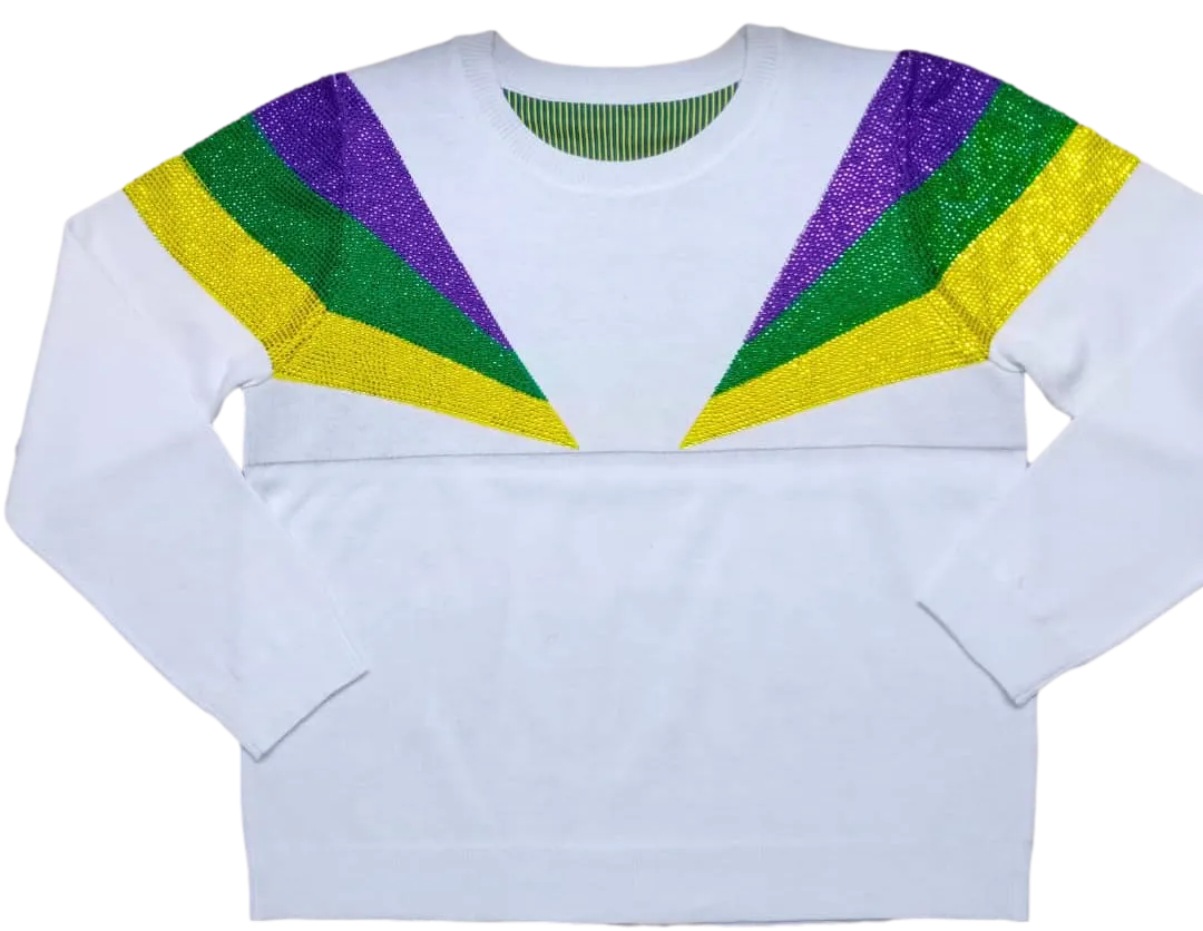 White Mardi Gras Shoulder Stripes Sweater