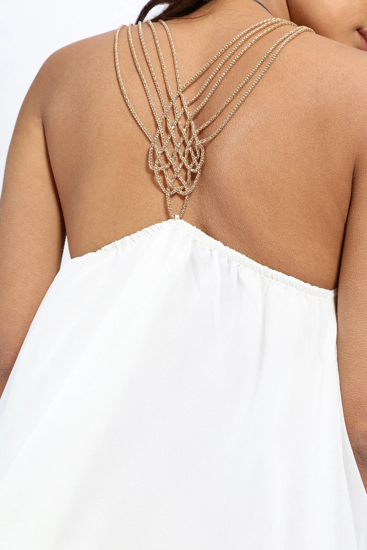 White Shift Dress With Gold Back Chain Detail