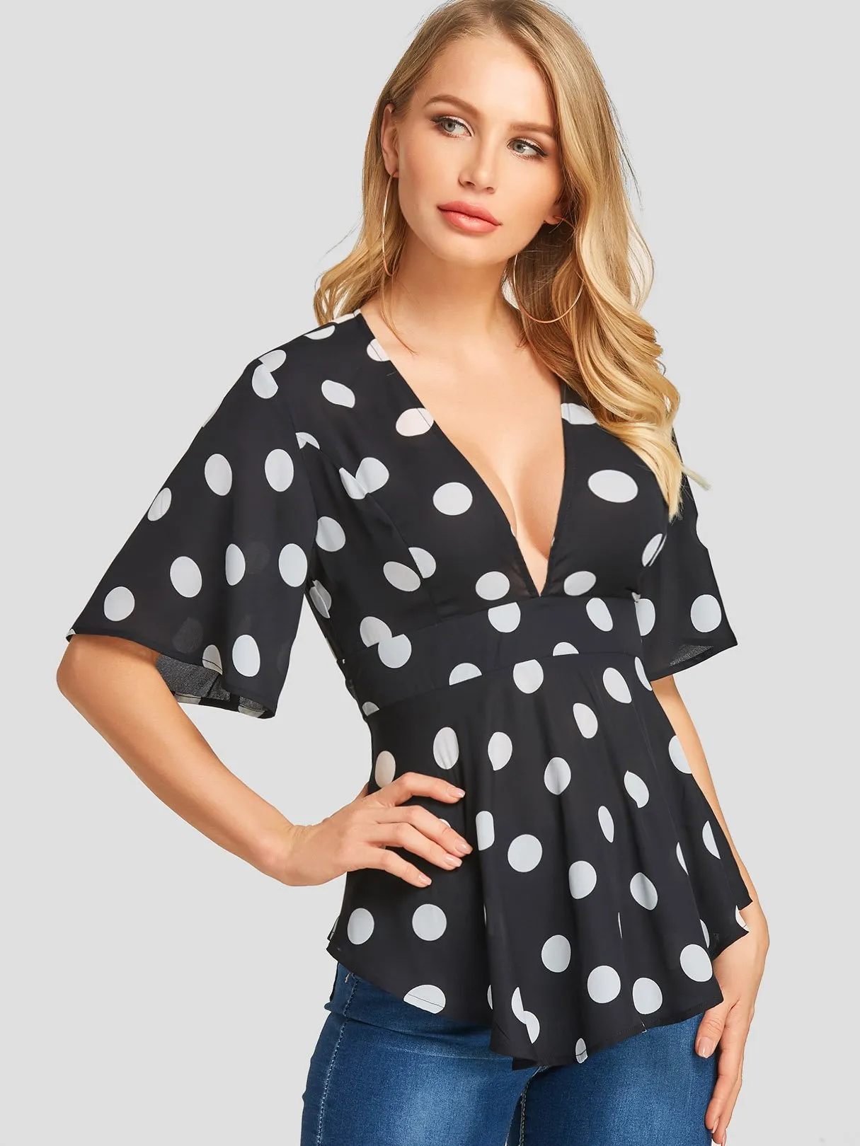 Wholesale Deep V Neck Polka Dot Backless Half Sleeve Black Blouses