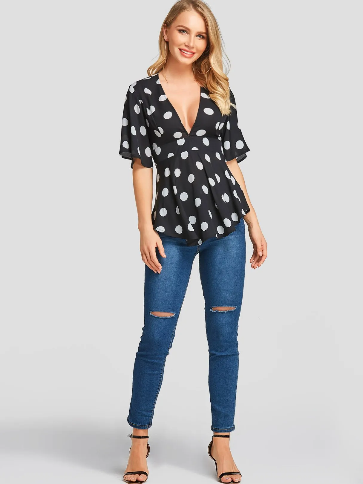 Wholesale Deep V Neck Polka Dot Backless Half Sleeve Black Blouses