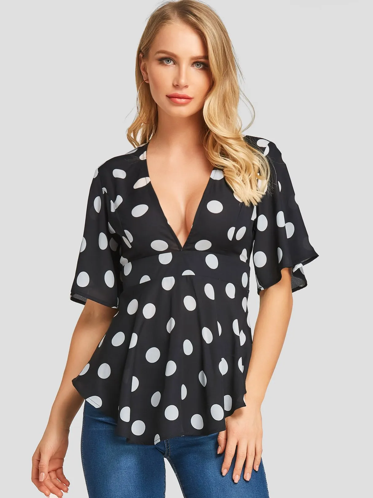 Wholesale Deep V Neck Polka Dot Backless Half Sleeve Black Blouses