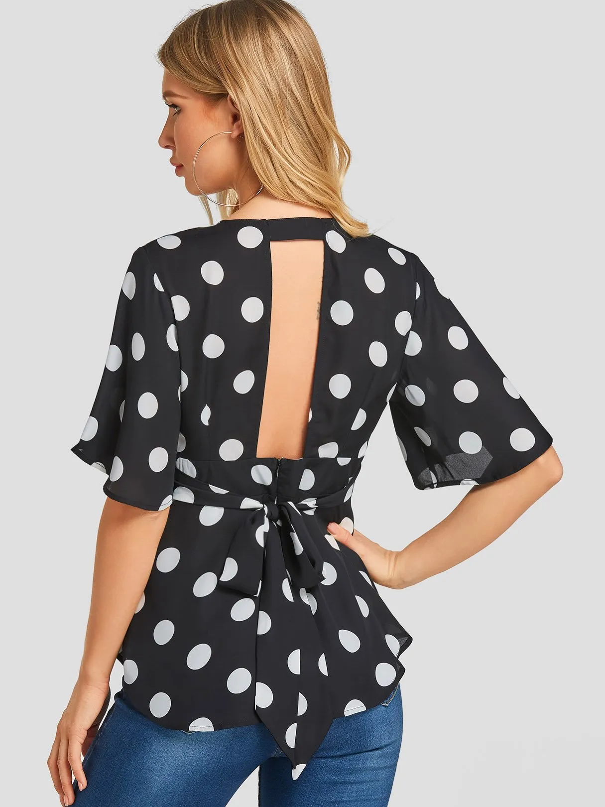 Wholesale Deep V Neck Polka Dot Backless Half Sleeve Black Blouses