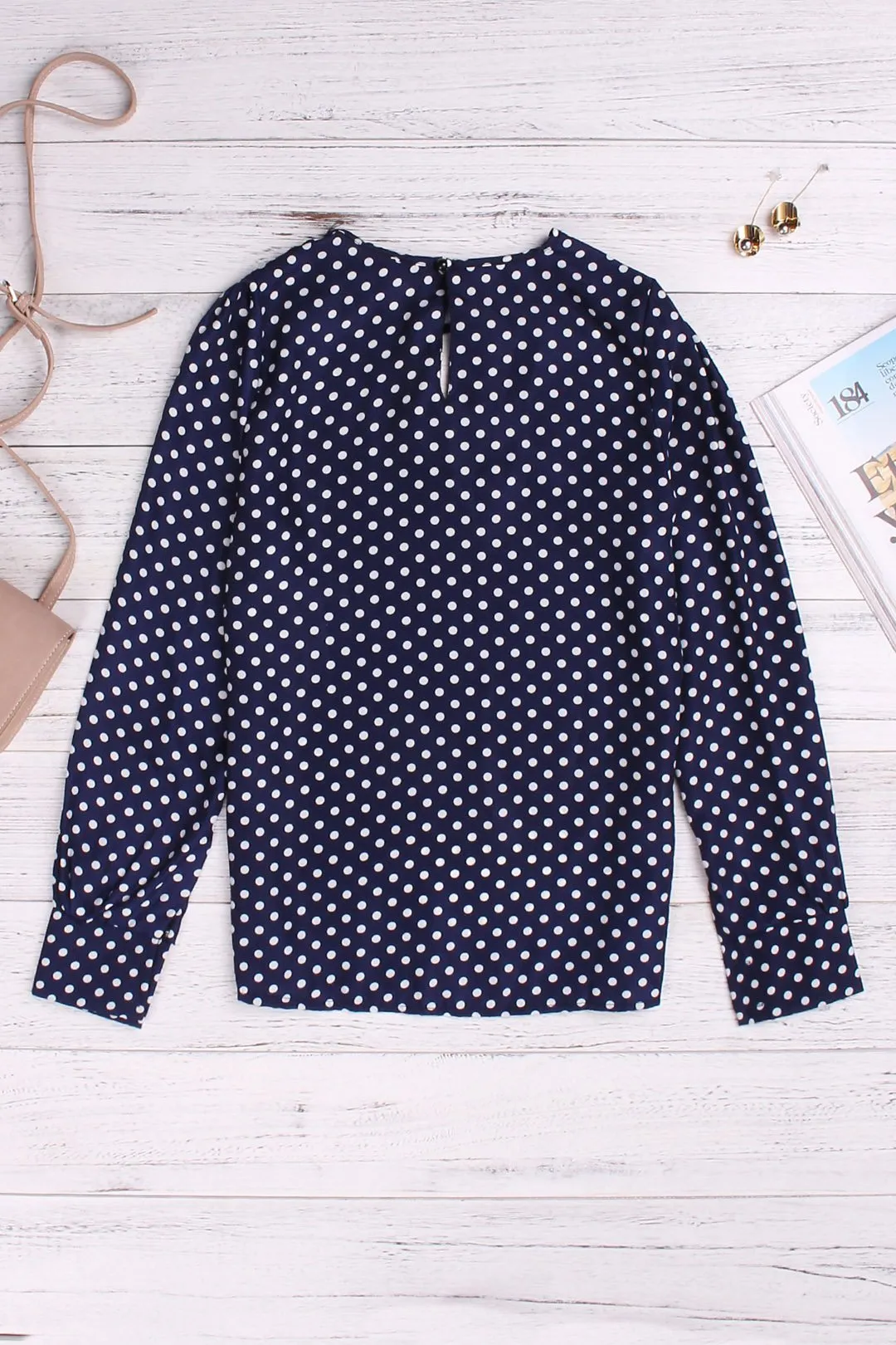 Wholesale Round Neck Polka Dot Long Sleeve Dark Blue Blouses