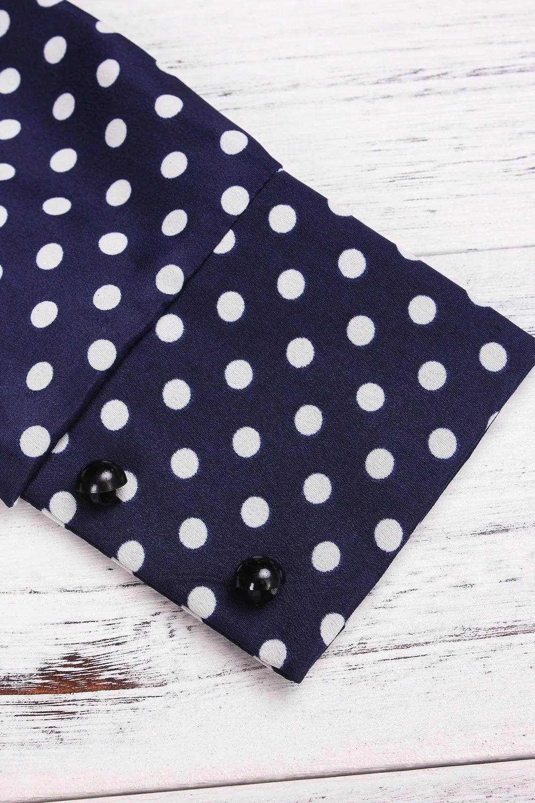 Wholesale Round Neck Polka Dot Long Sleeve Dark Blue Blouses