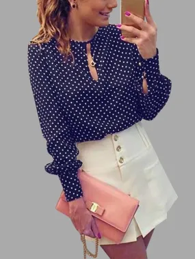 Wholesale Round Neck Polka Dot Long Sleeve Dark Blue Blouses