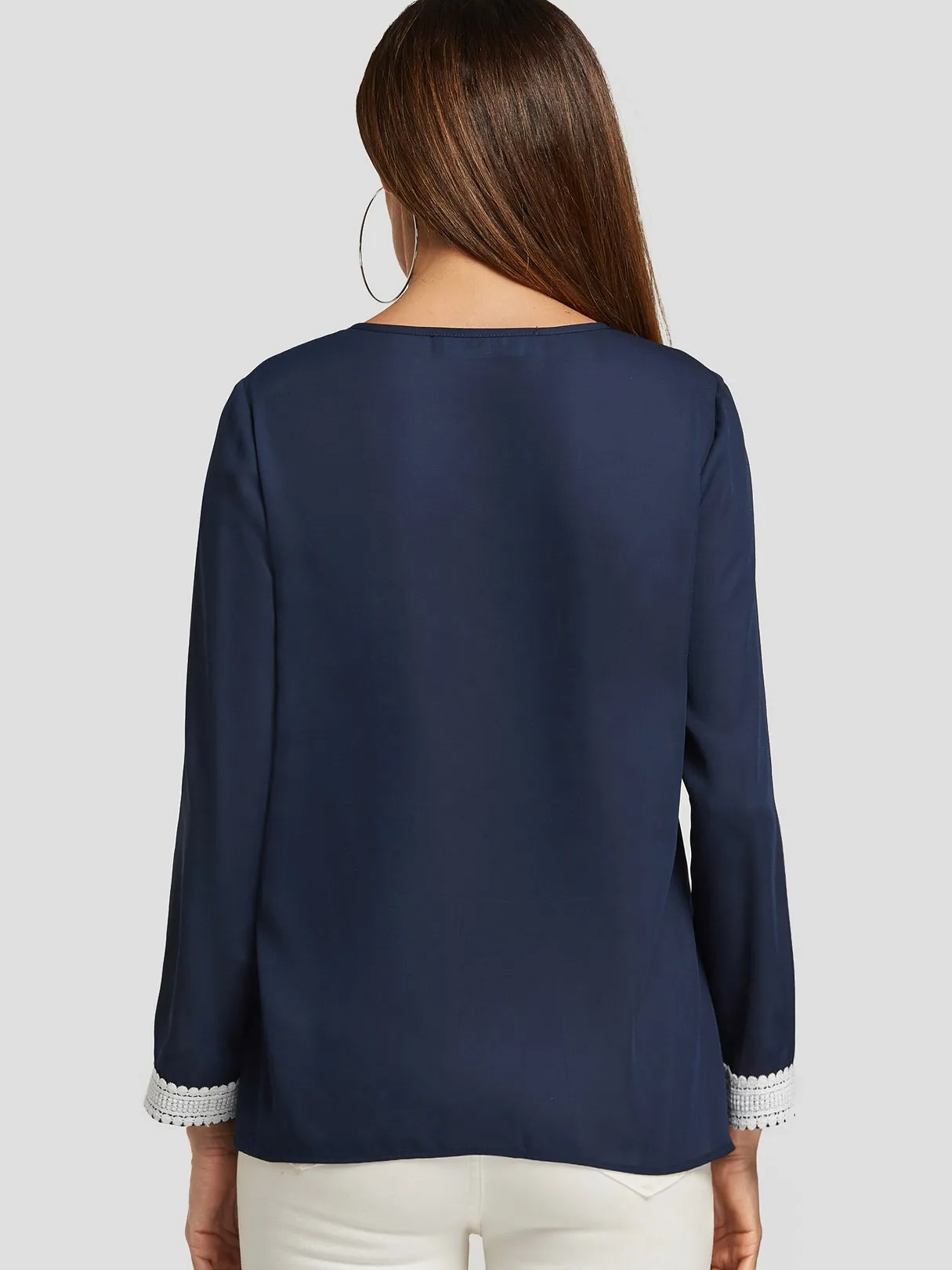 Wholesale Round Neck Polka Dot Long Sleeve Navy Blouses