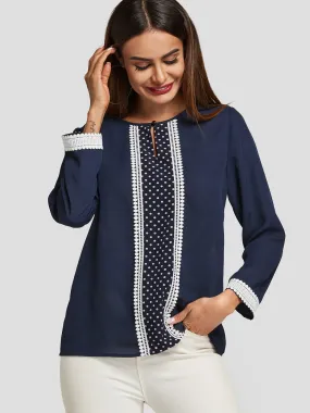 Wholesale Round Neck Polka Dot Long Sleeve Navy Blouses