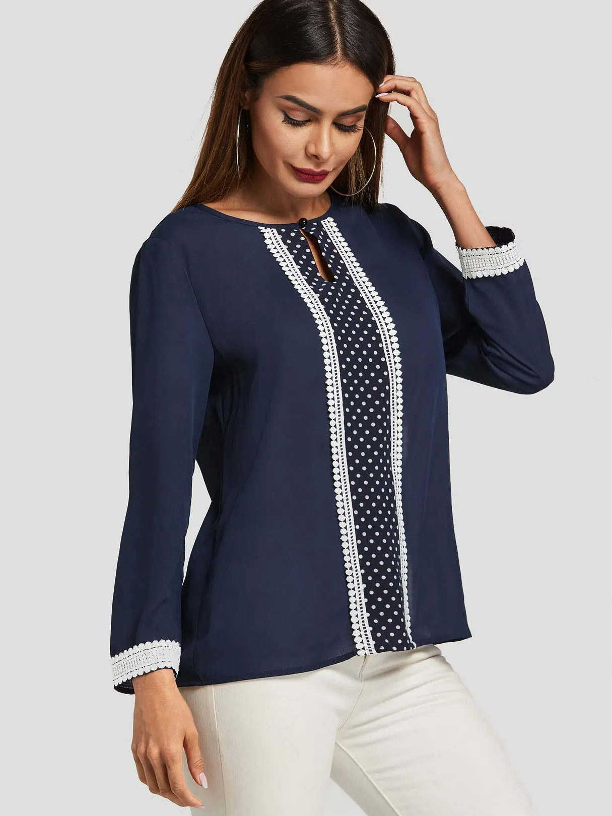 Wholesale Round Neck Polka Dot Long Sleeve Navy Blouses