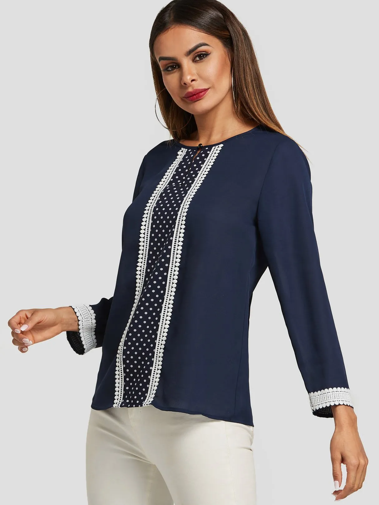 Wholesale Round Neck Polka Dot Long Sleeve Navy Blouses