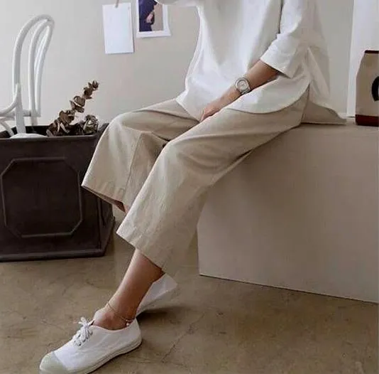 Wide Leg Pants Women Summer Cotton Blend INS Popular Student Loose Line Casual Pants