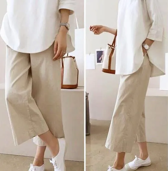 Wide Leg Pants Women Summer Cotton Blend INS Popular Student Loose Line Casual Pants