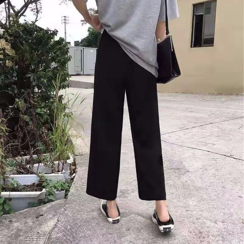 Wide Leg Women Student Korean Ankle-Length Loose Straight High Waist Drape Black Slim-Look Street Style Pants