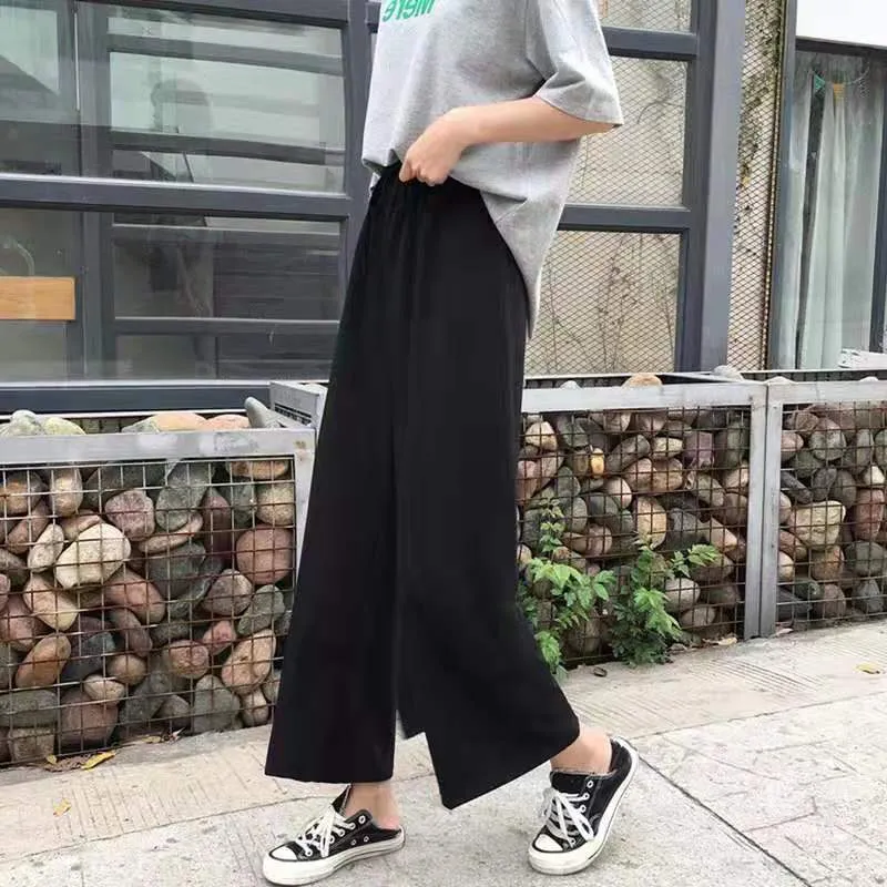 Wide Leg Women Student Korean Ankle-Length Loose Straight High Waist Drape Black Slim-Look Street Style Pants