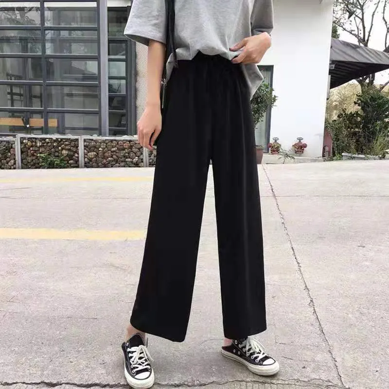 Wide Leg Women Student Korean Ankle-Length Loose Straight High Waist Drape Black Slim-Look Street Style Pants