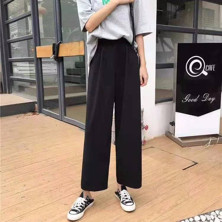 Wide Leg Women Student Korean Ankle-Length Loose Straight High Waist Drape Black Slim-Look Street Style Pants