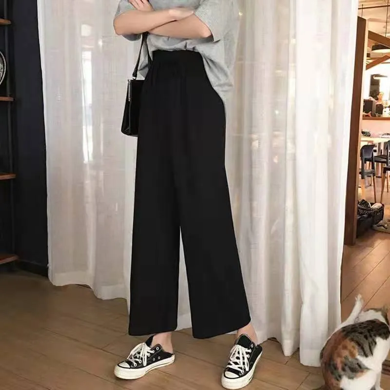 Wide Leg Women Student Korean Ankle-Length Loose Straight High Waist Drape Black Slim-Look Street Style Pants